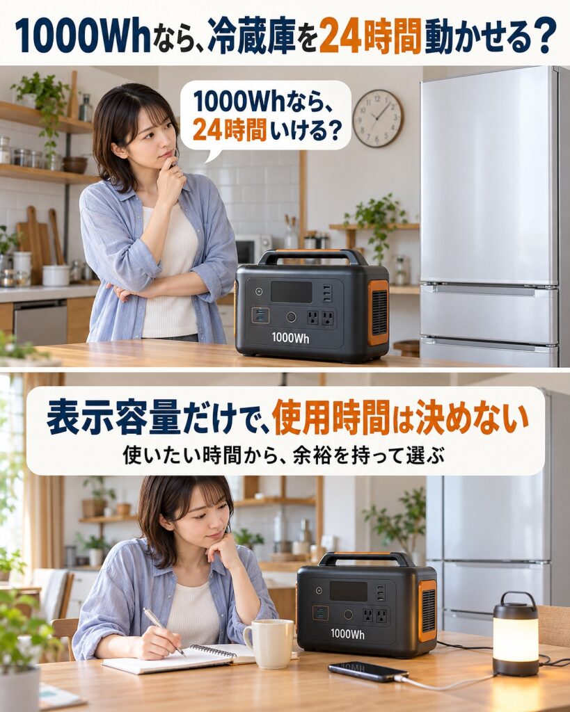 1000Whのポータブル電源なら冷蔵庫を必ず24時間動かせるとは考えず、使用条件や変換ロスを踏まえて必要時間から余裕を持って容量を選ぶことを示す2コマシーン画像