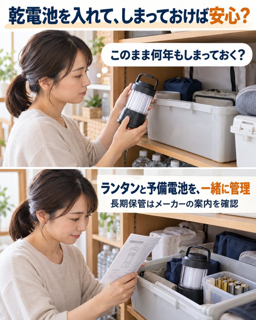 乾電池式ランタンを電池を入れたまま長期保管せず、予備乾電池と一緒に管理して停電時に交換できるよう備えることを示す2コマシーン画像