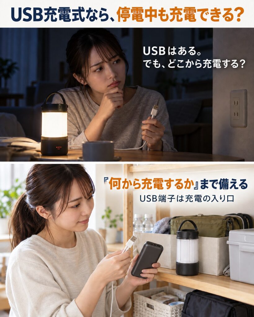 USB充電式ランタンはUSB端子だけでは停電中に再充電できないため、長時間停電に備えるならモバイルバッテリーなどの給電元も用意することを示す2コマシーン画像