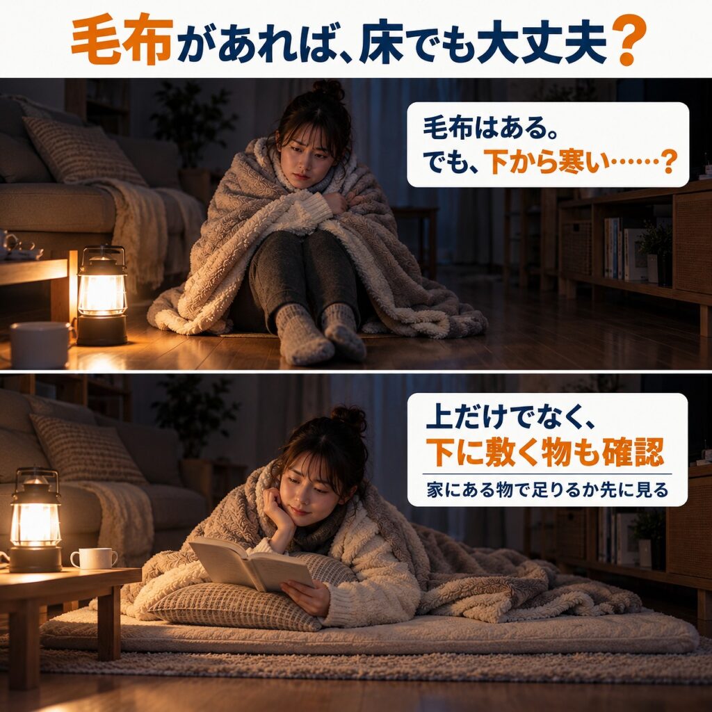 冬の停電時は毛布や防寒着で体を覆うだけでなく、床に座る・寝る場合は床側に敷く物も確認することを示す2コマシーン画像