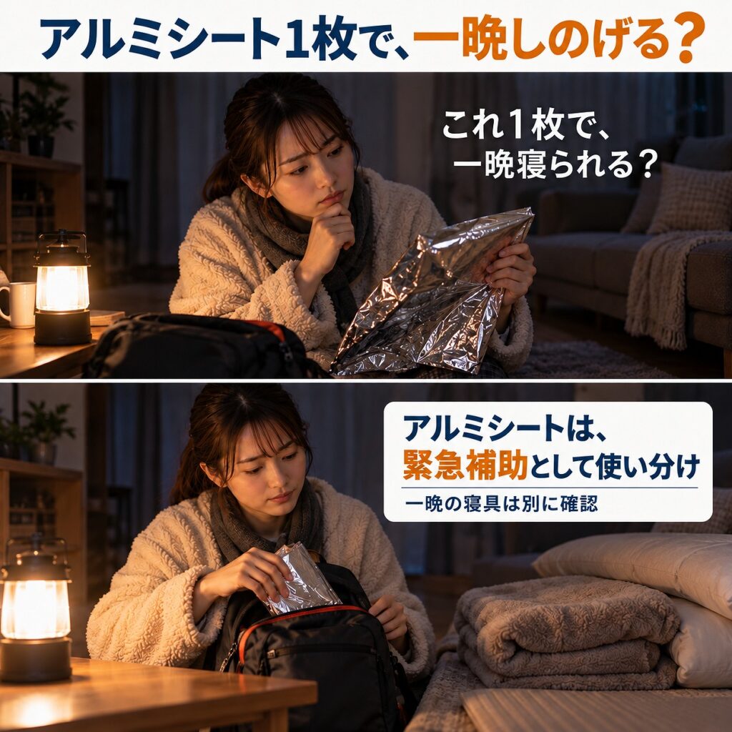 アルミ系のサバイバルシートを冬の停電時の寝具そのものと考えず、持ち出し用の緊急補助と一晩眠るための寝具を分けて備えることを示す2コマシーン画像