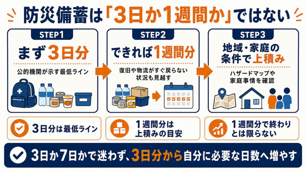 防災備蓄は3日か1週間かではなく段階的に増やす考え方を示す図解。