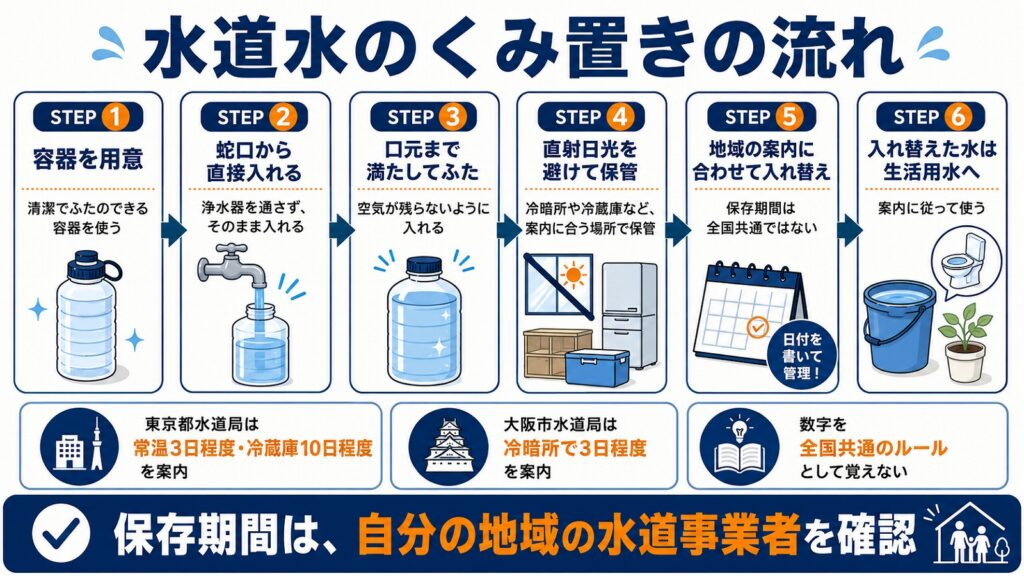 水道水のくみ置きの流れ（容器準備から入れ替えまでの6ステップ）