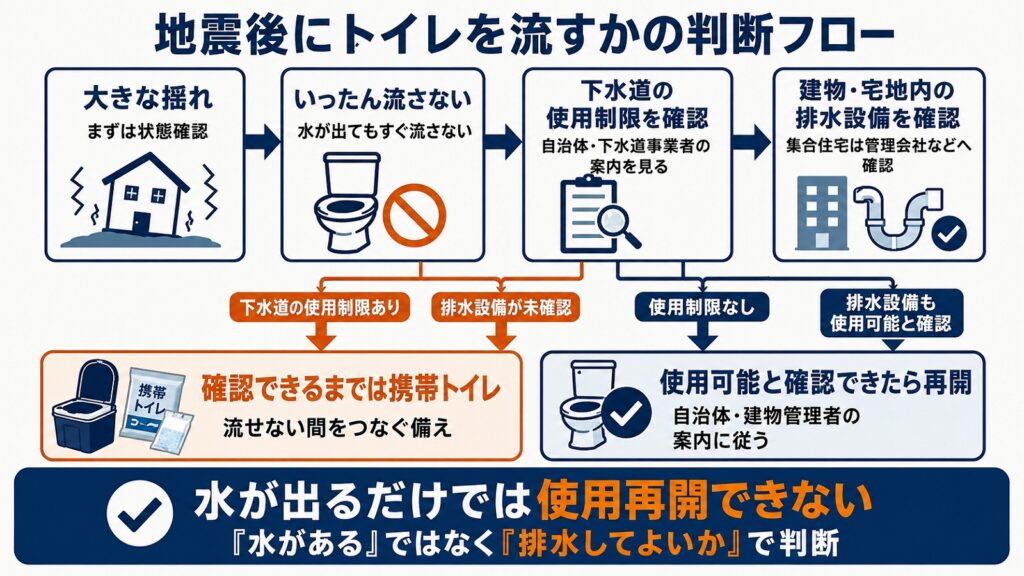 地震後にトイレを流すかどうかを、下水道と排水設備の確認から判断するフロー図。
