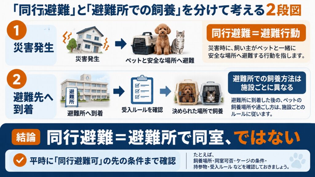 同行避難と避難所での飼養は別という考え方を示す2段階の図