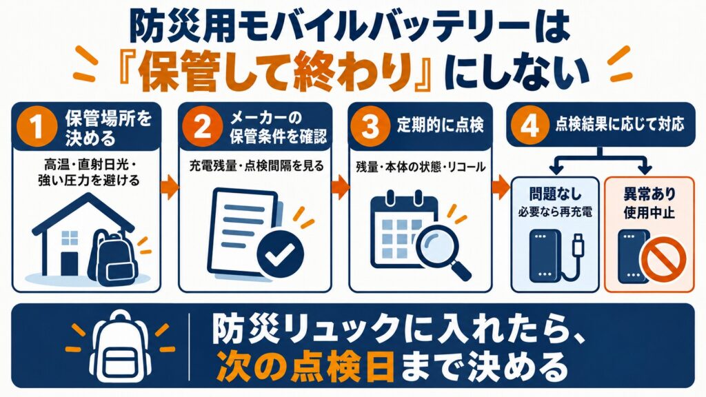 防災用モバイルバッテリーの保管から点検、点検結果に応じた対応までの流れを示した図解。
