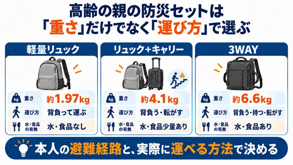 高齢の親の防災セット比較図解、軽量リュック約1.97kg・リュック＋キャリー約4.125kg・3WAY約6.6kgの重さと運び方の違い