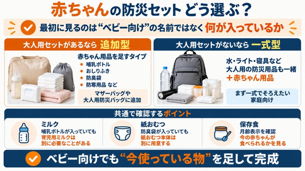 赤ちゃんの防災セットはセットと月齢用品を組み合わせて完成させることを示す3ステップ図解