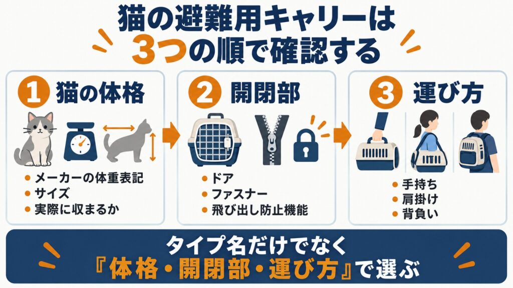 猫の避難用キャリーを選ぶ3つの観点（体格・開閉部・運び方）を示す図解