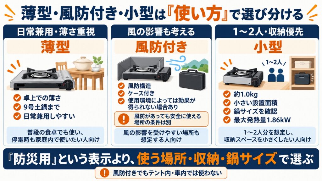 薄型・風防付き・小型の3タイプを、日常兼用と薄さ重視・風の影響も考える・1～2人と収納優先の使い方で選び分ける図解