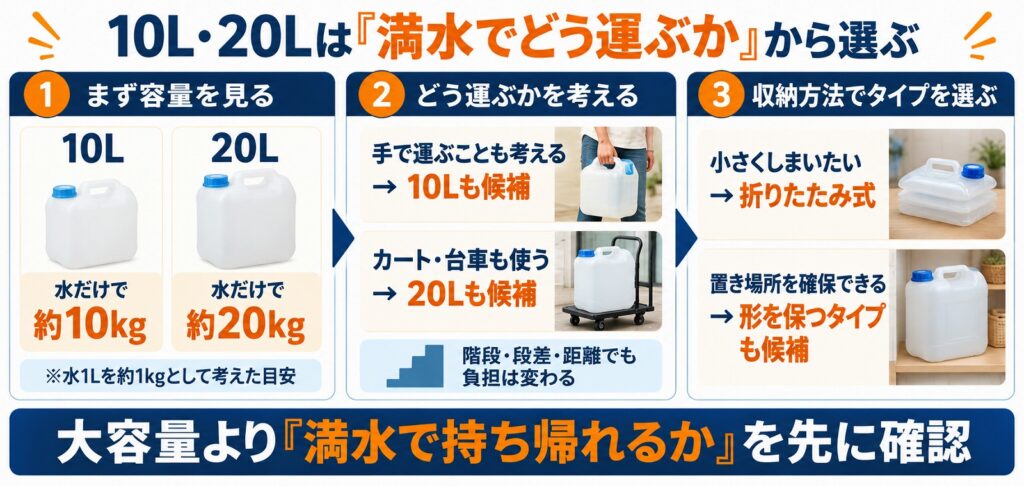 給水タンクを10L・20Lの満水時の運び方と収納方法から選ぶ図解
