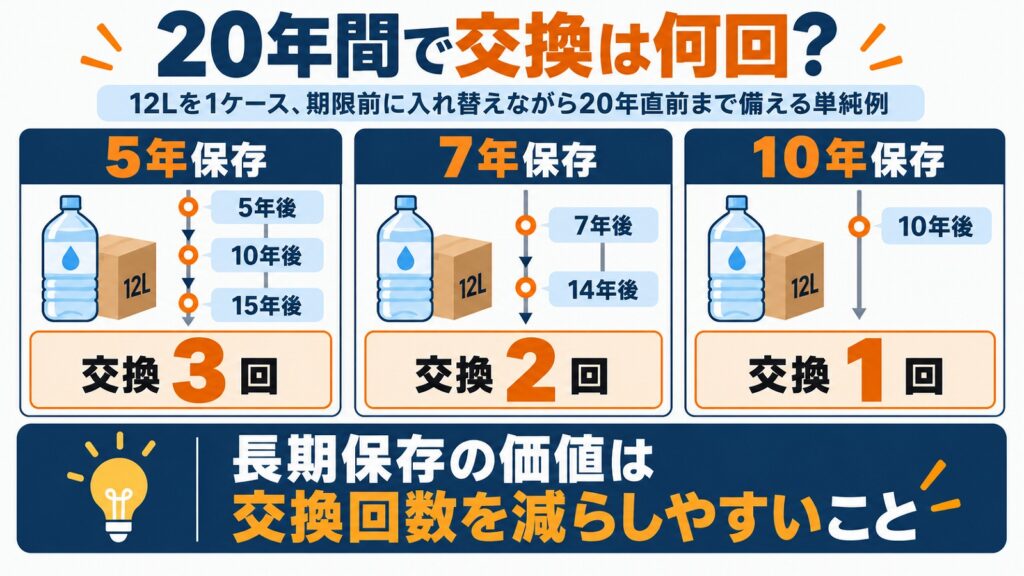5年・7年・10年の保存水を20年間備えた場合の交換回数を比べる図解