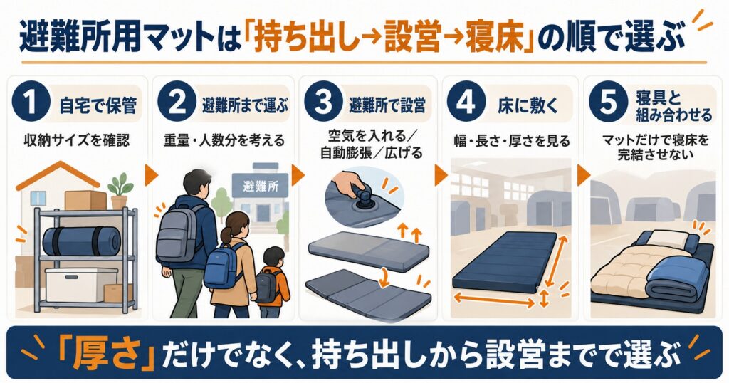 避難所用マットを収納サイズ、重量、設営方法、使用サイズ、寝具との組み合わせの順で選ぶ流れを示す図解