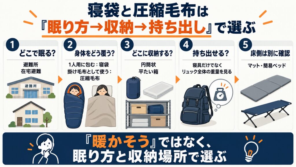 寝袋と圧縮毛布を眠る場所、身体の覆い方、収納形状、持ち出し重量、床側の備えの順で選ぶ流れを示す図解