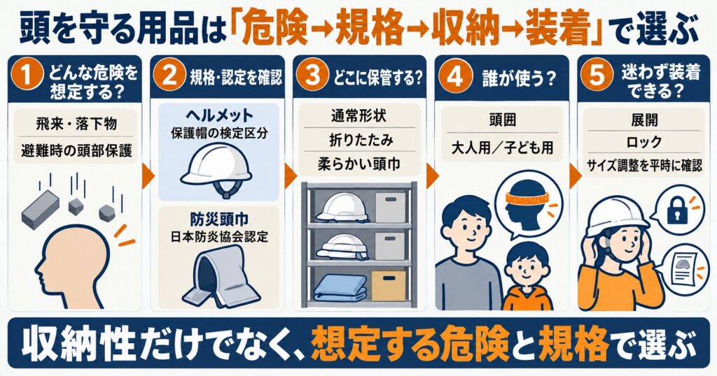 防災ヘルメットと防災頭巾を想定する危険、規格・認定、収納、使用者、装着手順の順で選ぶ流れを示す図解