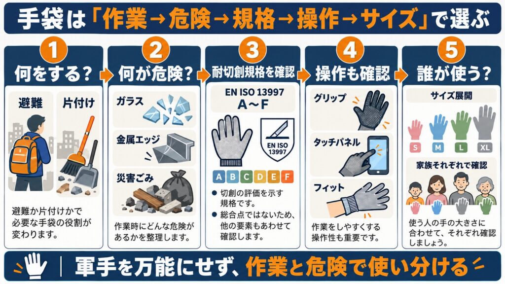 防災用手袋を作業、危険、耐切創規格、操作性、サイズの順で選ぶ流れを示す図解