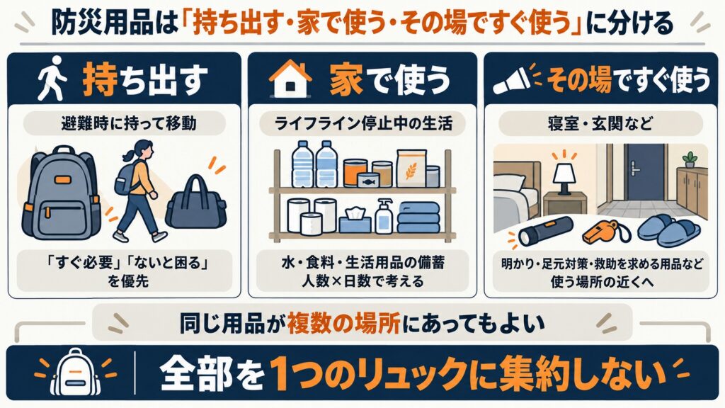 非常持ち出し品、家庭の備蓄品、その場ですぐ使う物の3つに分けて防災用品の置き場所を整理する図解