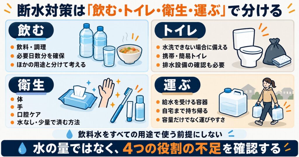 断水対策を飲む、トイレ、衛生、運ぶの4役割に分け、それぞれに必要な備えを整理する図解
