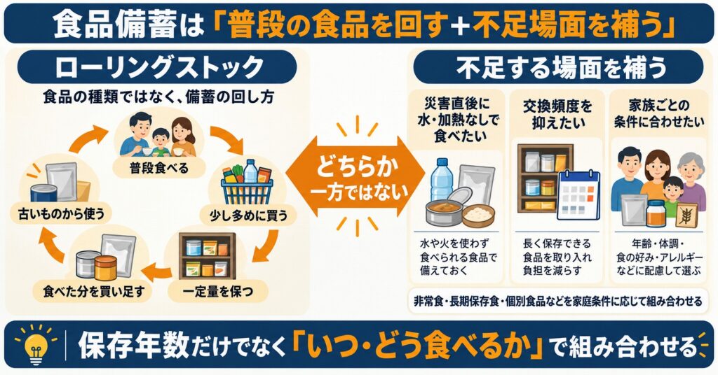 普段の食品を食べて買い足すローリングストックと、災害直後・保存性・家族条件の不足を別の食品で補う考え方を示す図解