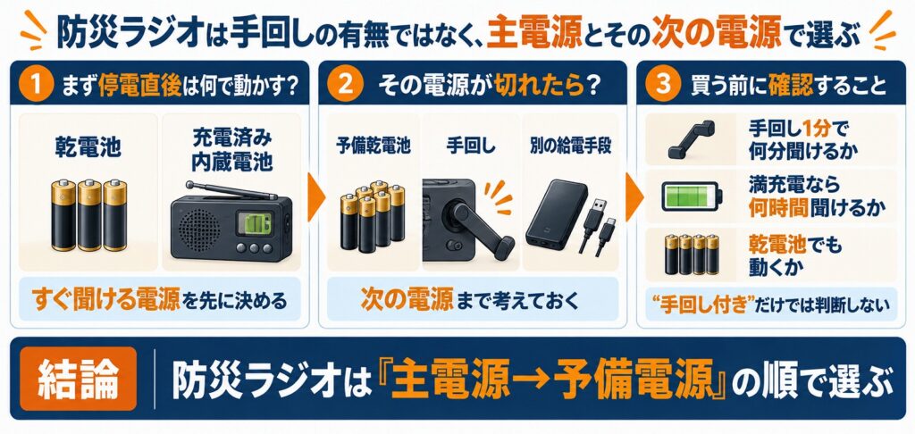 防災ラジオを主電源と予備電源の順に選ぶ考え方