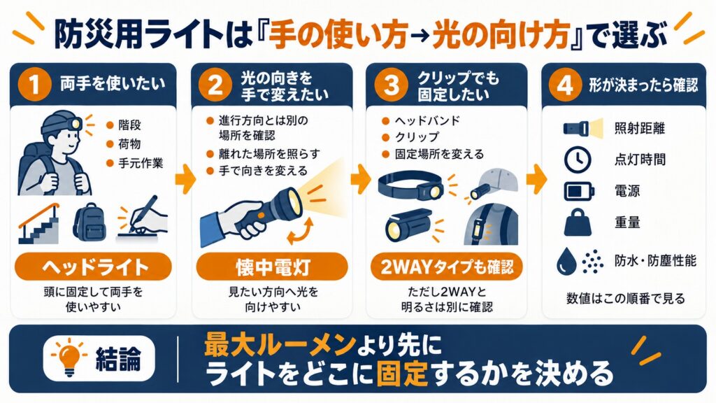 防災用ライトを手の使い方と光の向け方から選ぶ図解