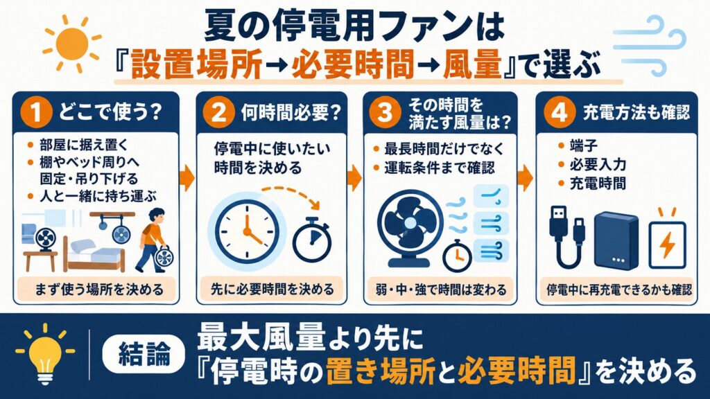 夏の停電用充電式扇風機を設置場所と必要時間から選ぶ図解