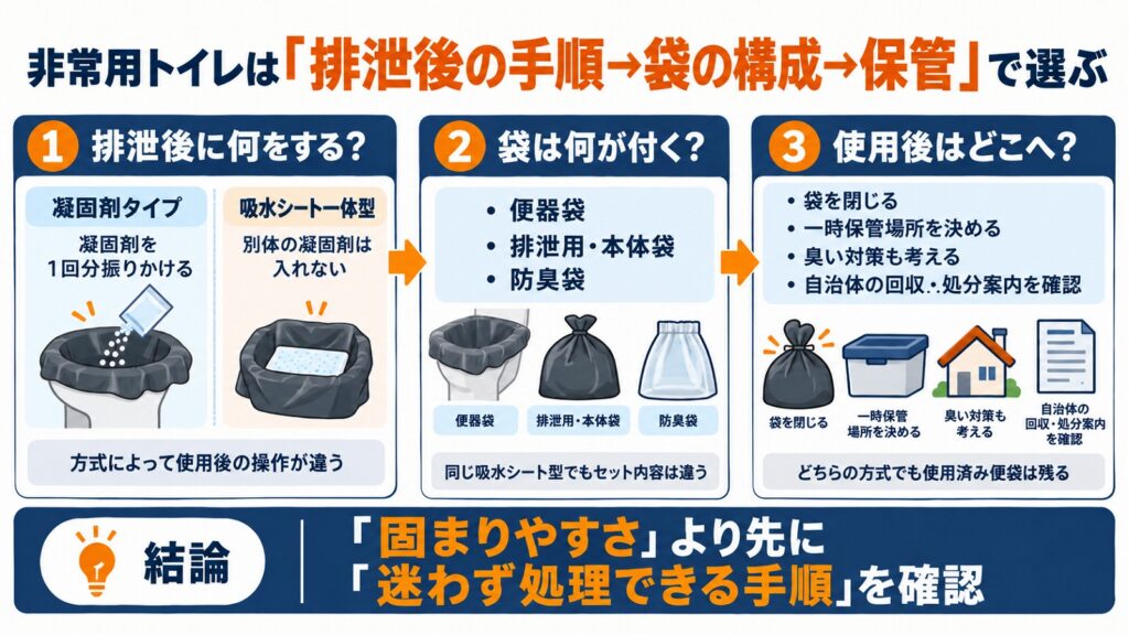 非常用トイレを排泄後の手順と袋の構成、使用後の保管から選ぶ図解